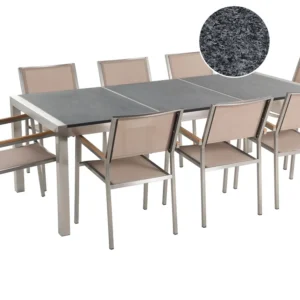 Set di tavolo e 8 sedie da giardino acciaio granito e fibra tessile sabbia grigio lucido 220 cm GROSSETO