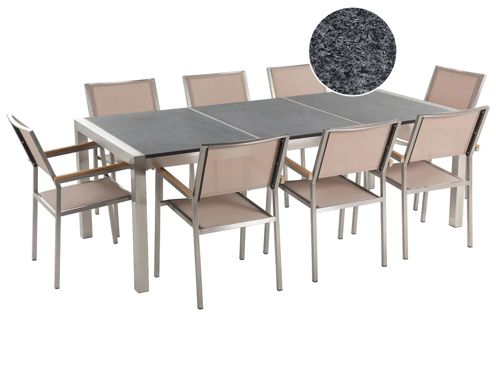 Set di tavolo e 8 sedie da giardino acciaio granito e fibra tessile sabbia grigio lucido 220 cm GROSSETO