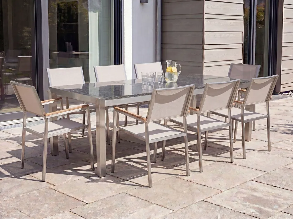 Set di tavolo e 8 sedie da giardino acciaio granito e fibra tessile sabbia grigio lucido 220 cm GROSSETO