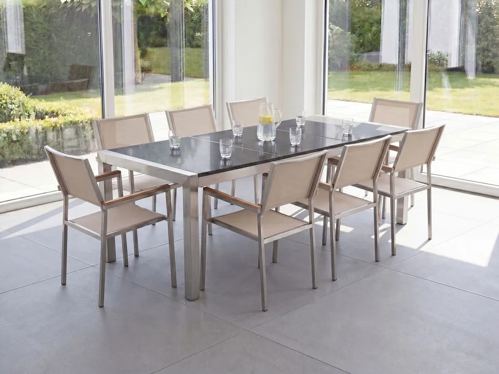 Set di tavolo e 8 sedie da giardino acciaio granito e fibra tessile sabbia grigio lucido 220 cm GROSSETO