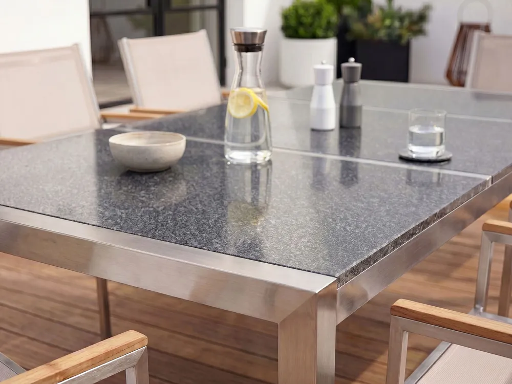Set di tavolo e 8 sedie da giardino acciaio granito e fibra tessile sabbia grigio lucido 220 cm GROSSETO