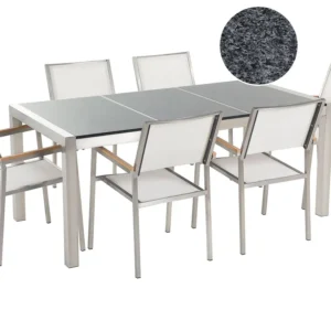 Set di tavolo e 6 sedie da giardino acciaio granito e fibra tessile bianca grigio lucido 180 cm GROSSETO