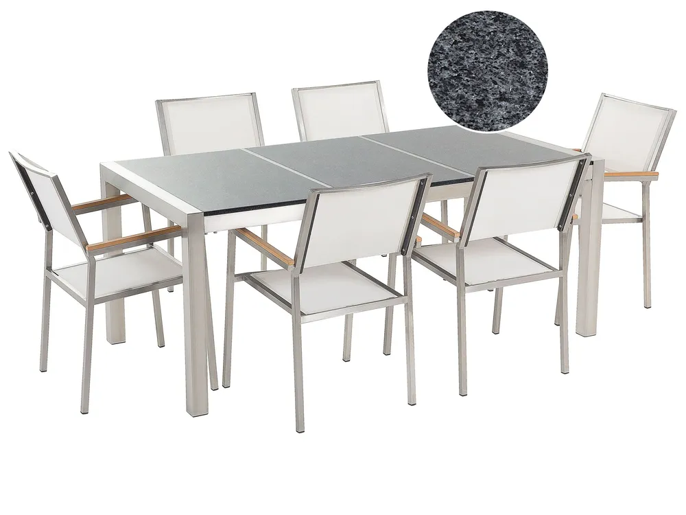 Set di tavolo e 6 sedie da giardino acciaio granito e fibra tessile bianca grigio lucido 180 cm GROSSETO