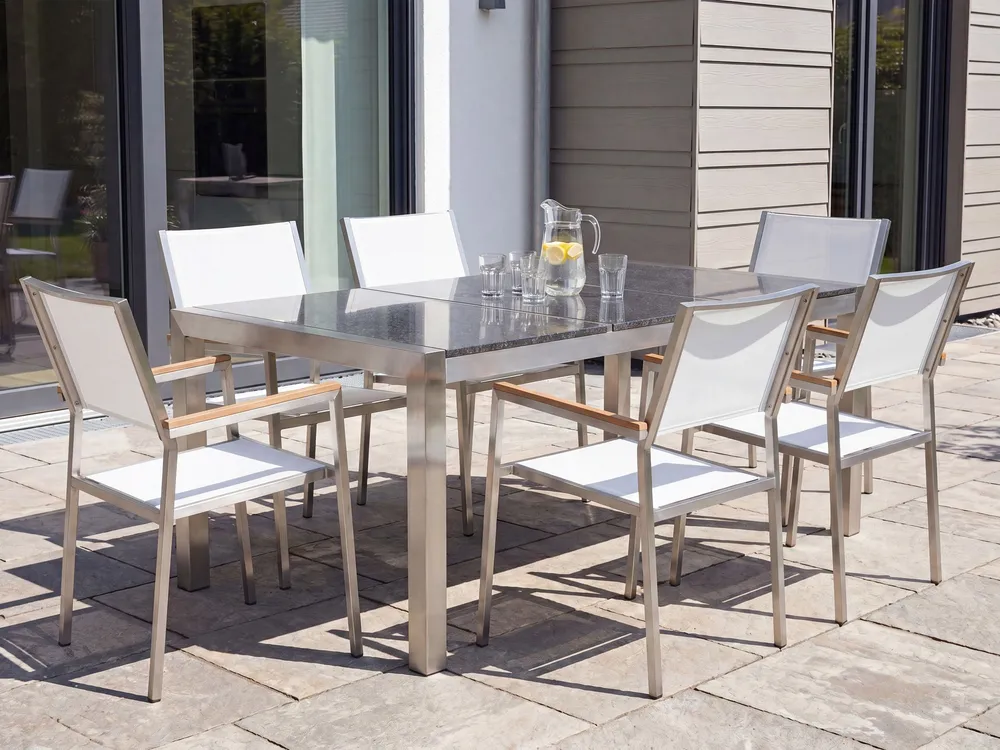 Set di tavolo e 6 sedie da giardino acciaio granito e fibra tessile bianca grigio lucido 180 cm GROSSETO