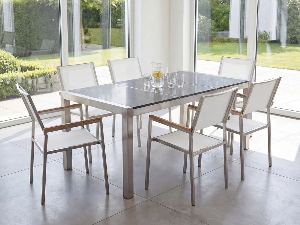Set di tavolo e 6 sedie da giardino acciaio granito e fibra tessile bianca grigio lucido 180 cm GROSSETO
