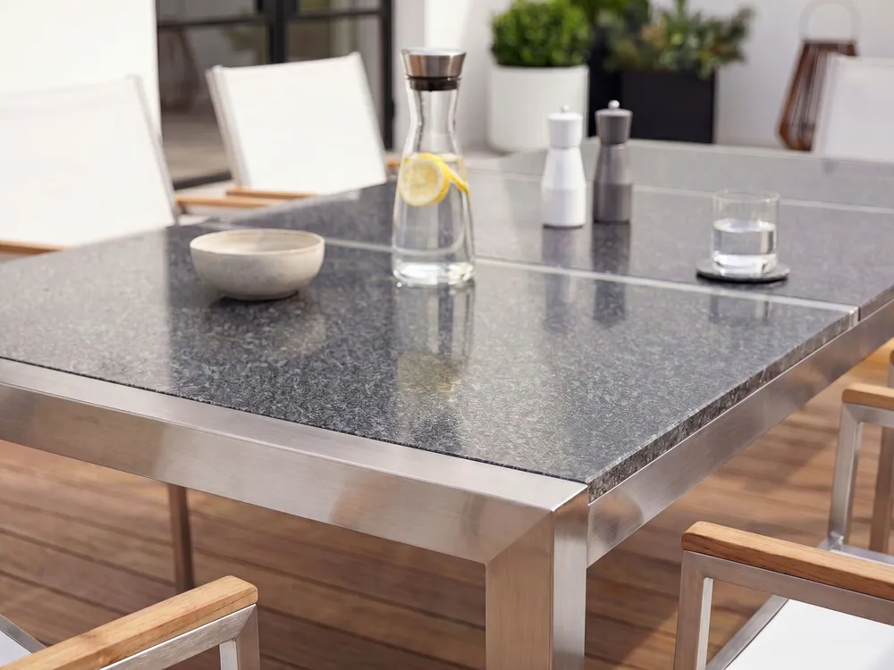 Set di tavolo e 6 sedie da giardino acciaio granito e fibra tessile bianca grigio lucido 180 cm GROSSETO