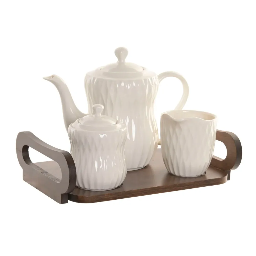 Set Teiera Home ESPRIT Bianco Marrone cupo Bambù Porcellana