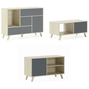 Set Wind, Soggiorno Sala da pranzo, Credenza-Mobile tv100-Tavolino Struttura colore Rovere ante e cassetti Grigio