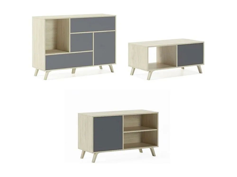 Set Wind, Soggiorno Sala da pranzo, Credenza-Mobile tv100-Tavolino Struttura colore Rovere ante e cassetti Grigio