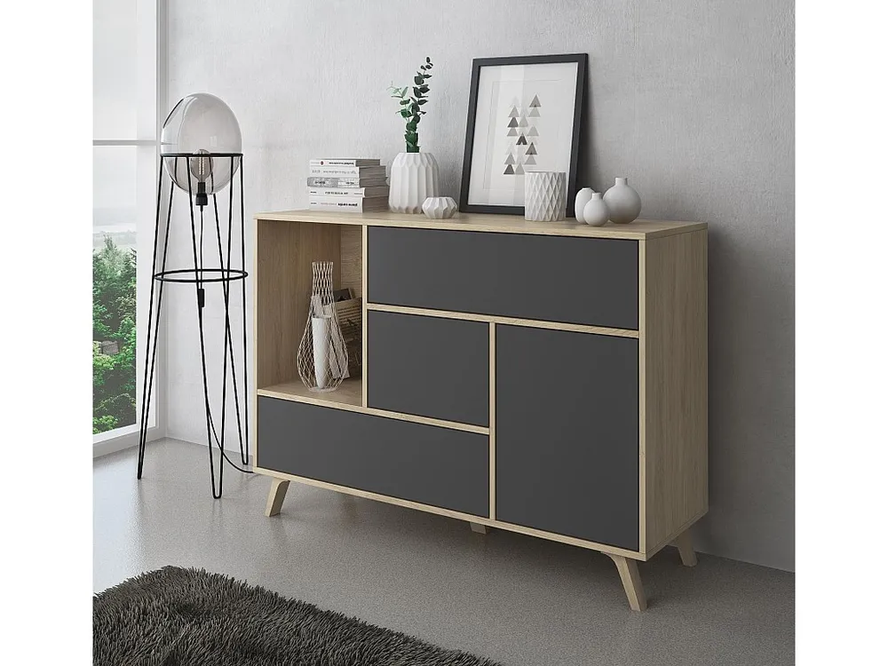 Set Wind, Soggiorno Sala da pranzo, Credenza-Mobile tv100-Tavolino Struttura colore Rovere ante e cassetti Grigio