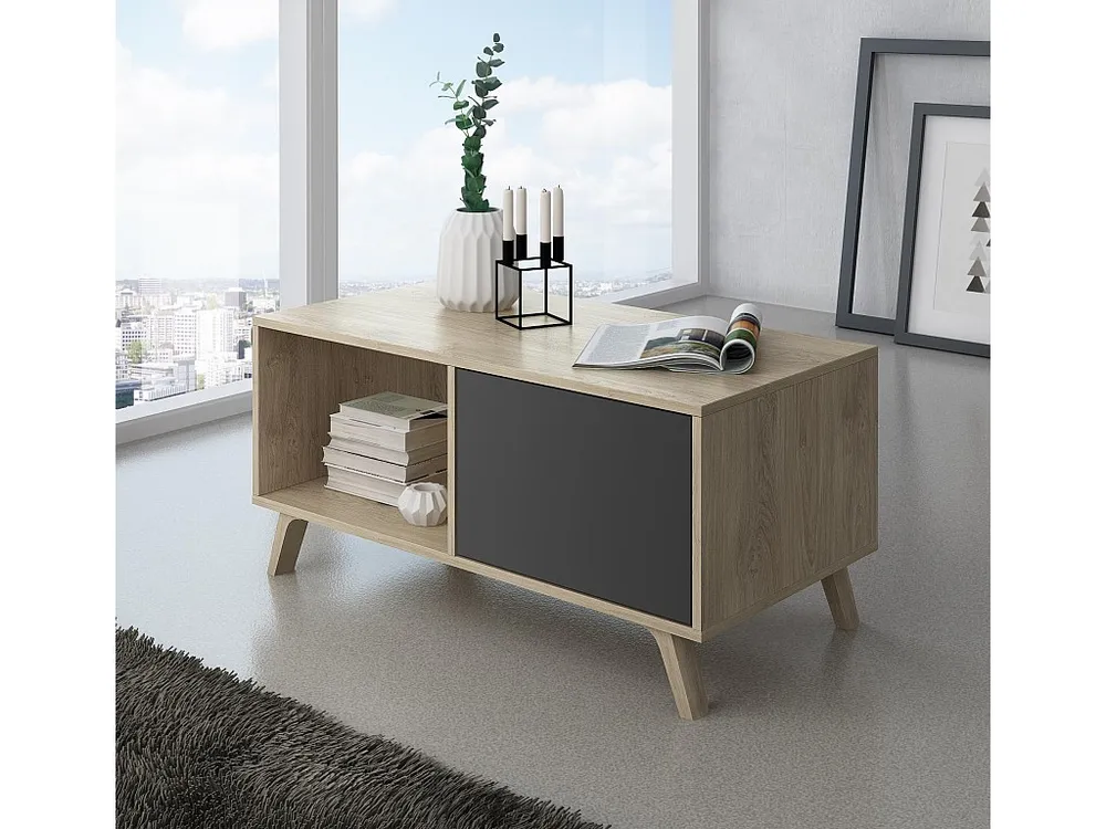 Set Wind, Soggiorno Sala da pranzo, Credenza-Mobile tv100-Tavolino Struttura colore Rovere ante e cassetti Grigio