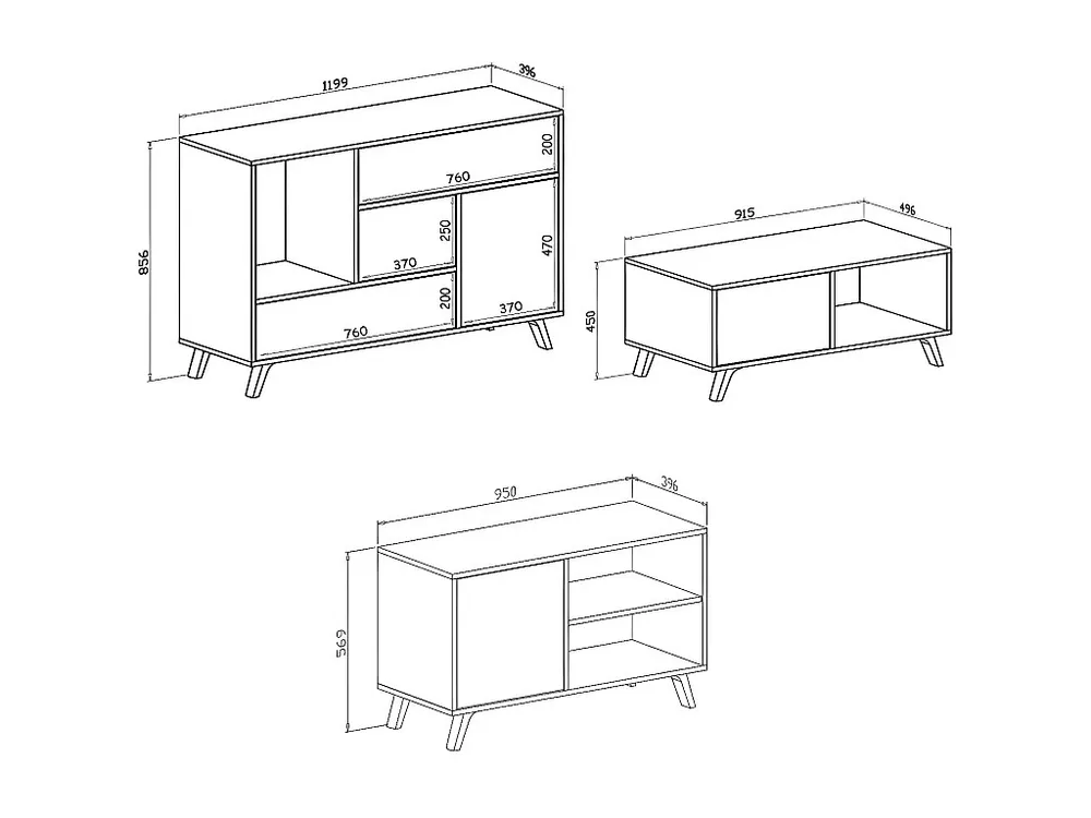 Set Wind, Soggiorno Sala da pranzo, Credenza-Mobile tv100-Tavolino Struttura colore Rovere ante e cassetti Grigio