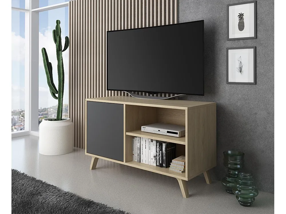 Set Wind, Soggiorno Sala da pranzo, Credenza-Mobile tv100-Tavolino Struttura colore Rovere ante e cassetti Grigio