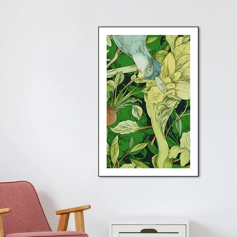 Stampa su tela verde per bambini, illustrazione, illustrazione, uccelli e fiori, per sala da pranzo Diametro 28 cm