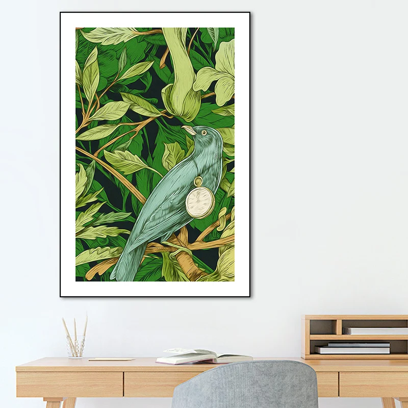 Stampa su tela verde per bambini, illustrazione, illustrazione, uccelli e fiori, per sala da pranzo Diametro 28 cm