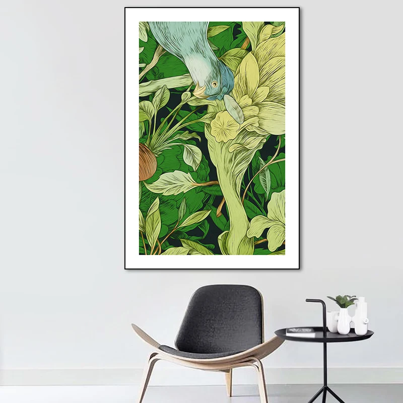 Stampa su tela verde per bambini, illustrazione, illustrazione, uccelli e fiori, per sala da pranzo Diametro 28 cm