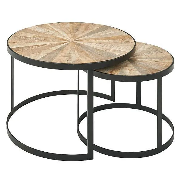 Wohnling Design set di 2 tavolini da caffè rotondi legno massello di mango con gambe metallo marrone WL6.346