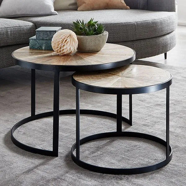 Wohnling Design set di 2 tavolini da caffè rotondi legno massello di mango con gambe metallo marrone WL6.346