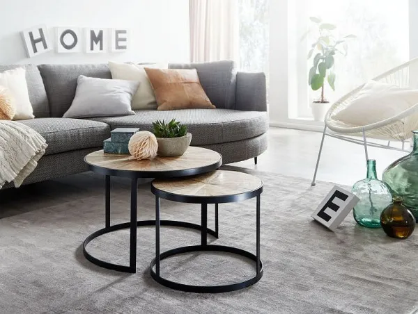Wohnling Design set di 2 tavolini da caffè rotondi legno massello di mango con gambe metallo marrone WL6.346