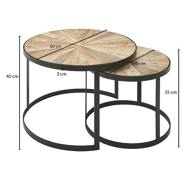 Wohnling Design set di 2 tavolini da caffè rotondi legno massello di mango con gambe metallo marrone WL6.346