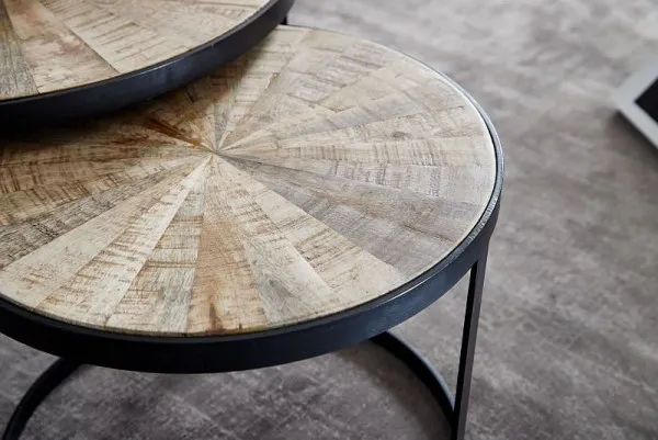 Wohnling Design set di 2 tavolini da caffè rotondi legno massello di mango con gambe metallo marrone WL6.346