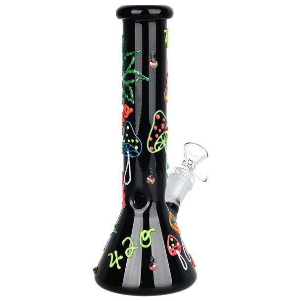 9.5" 420 Leaf and Shroom Glow Dark Temperato Beaker Water Pipe