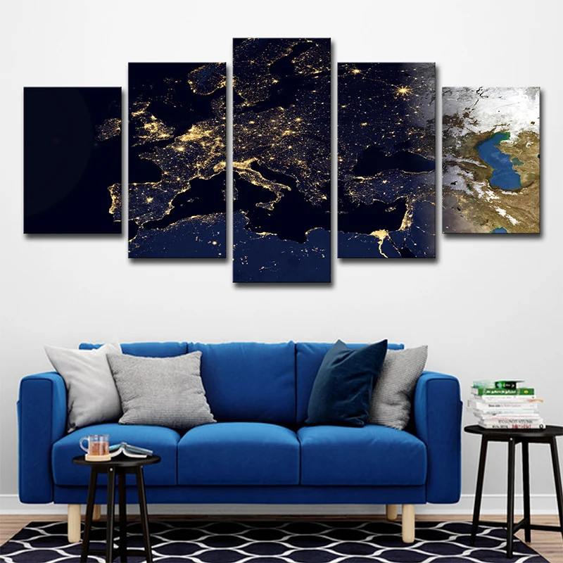 Stampa su tela con mappa del mondo dorata, multi-pezzo, decorazione da parete per interni di una casa contemporanea su nero