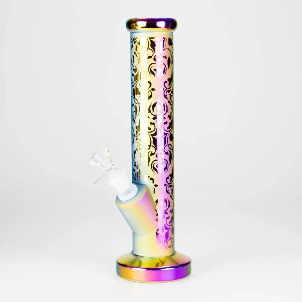 11" Straight Tube Electroplated Metaliic Finish w/ Intricate Patterns vetro Bong - Pattern 5
