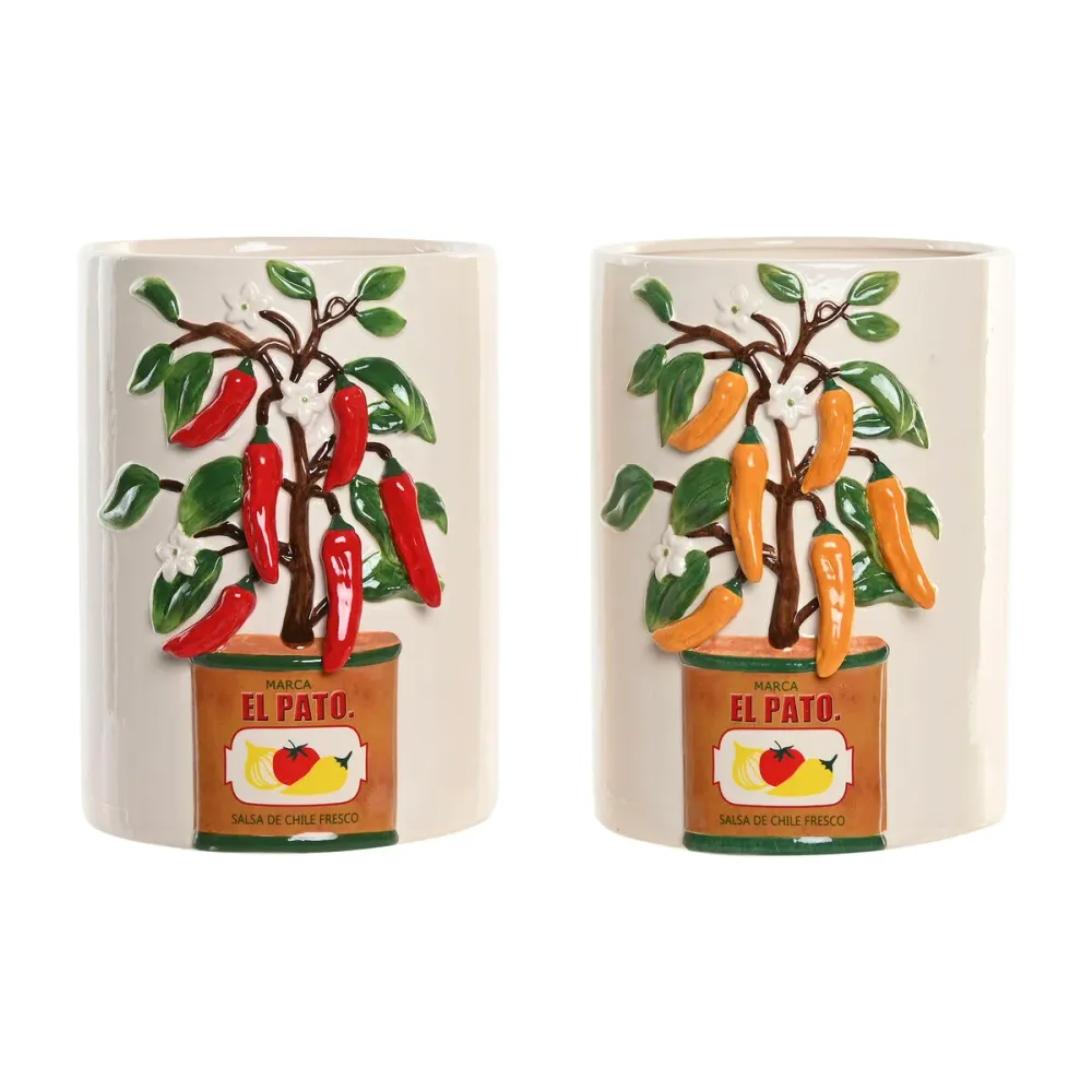 Vaso Home ESPRIT Bianco Rosso Verde Ceramica Città Pepe 22 x 22 x 28 cm (2 Unità)