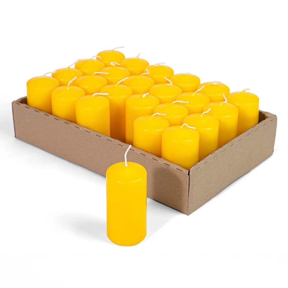 Candele Cilindriche Ø50 mm . h 100 mm. Gialle vassoio da 24 pezzi durata ±33 ore