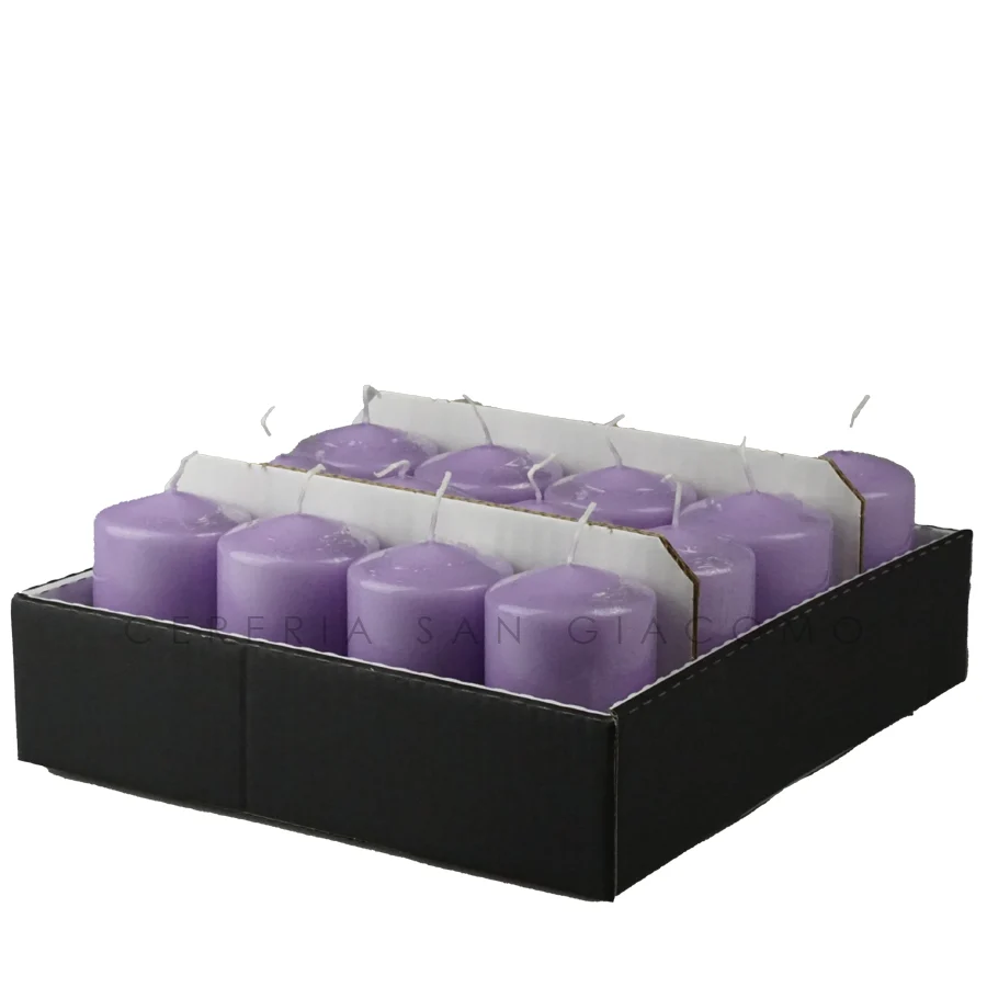 Candele Cilindriche Ø60 mm. h 100 mm. Lilla vassoio da 16 durata ±28 ore cellophane