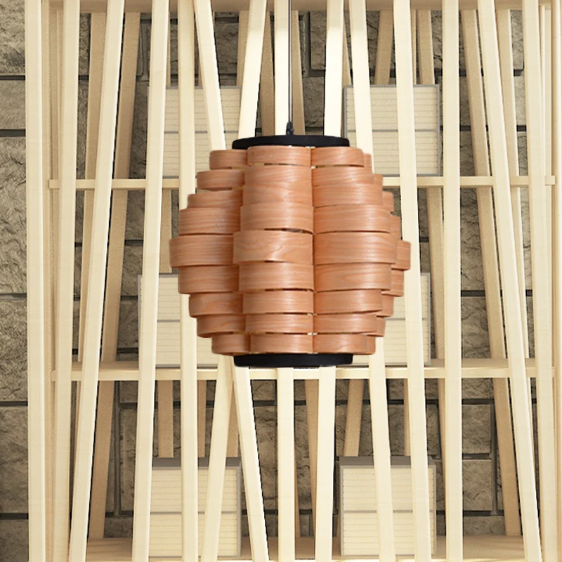 Lampada sospensione cinese luce singola impiallacciata con paralume botte legno largo 16 "/19,5" / 23,5 "per sala da pranzo