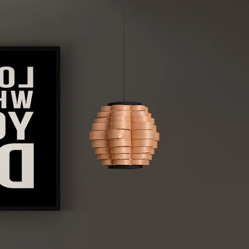 Lampada sospensione cinese luce singola impiallacciata con paralume botte legno largo 16 "/19,5" / 23,5 "per sala da pranzo