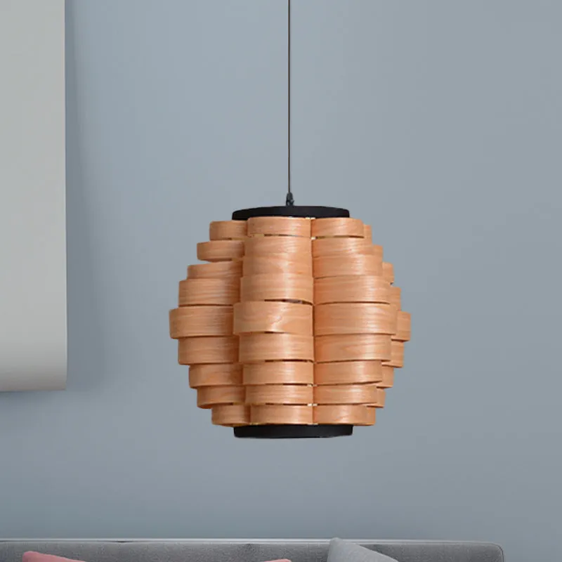 Lampada sospensione cinese luce singola impiallacciata con paralume botte legno largo 16 "/19,5" / 23,5 "per sala da pranzo