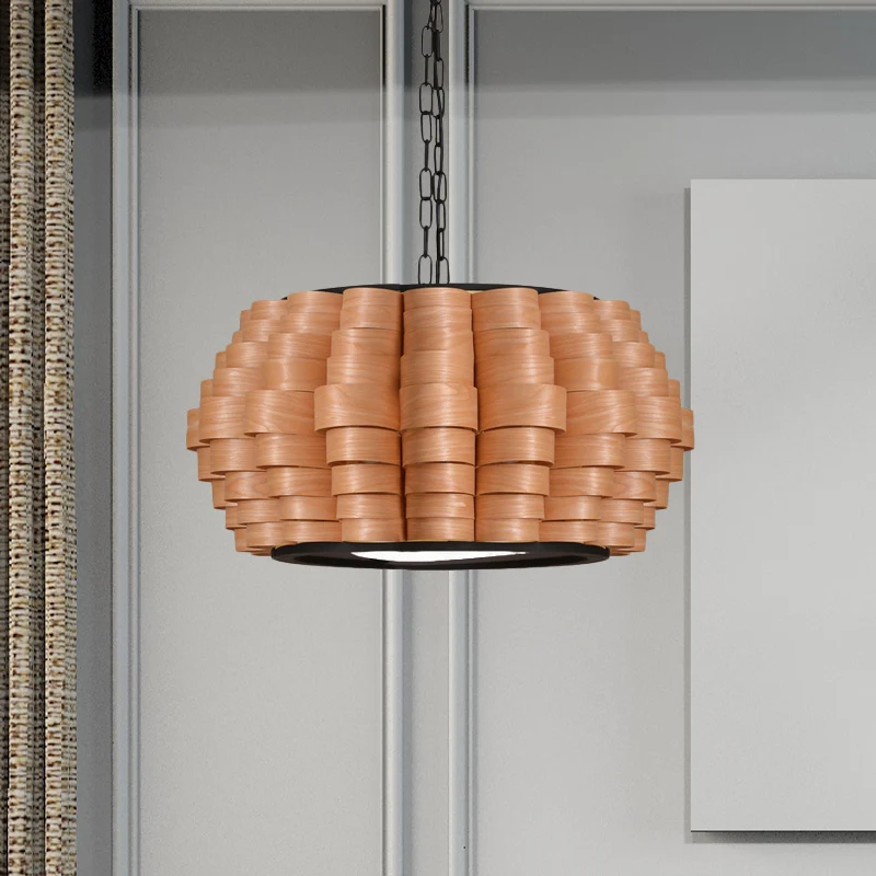 Lampada sospensione cinese luce singola impiallacciata con paralume botte legno largo 16 "/19,5" / 23,5 "per sala da pranzo