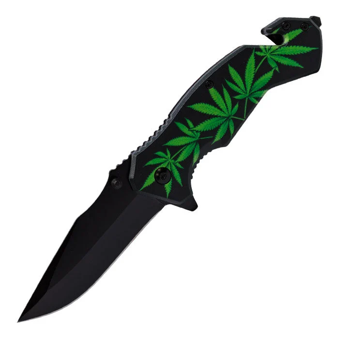 Perucci - 8" Black Herb Foliage Theme Smontabile Pocket Knife