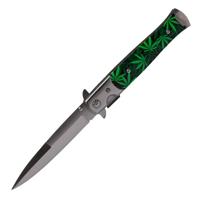 Perucci - 9" Silver-Green Bunch Leaves Matte Finish Compattabile Pocket Knife