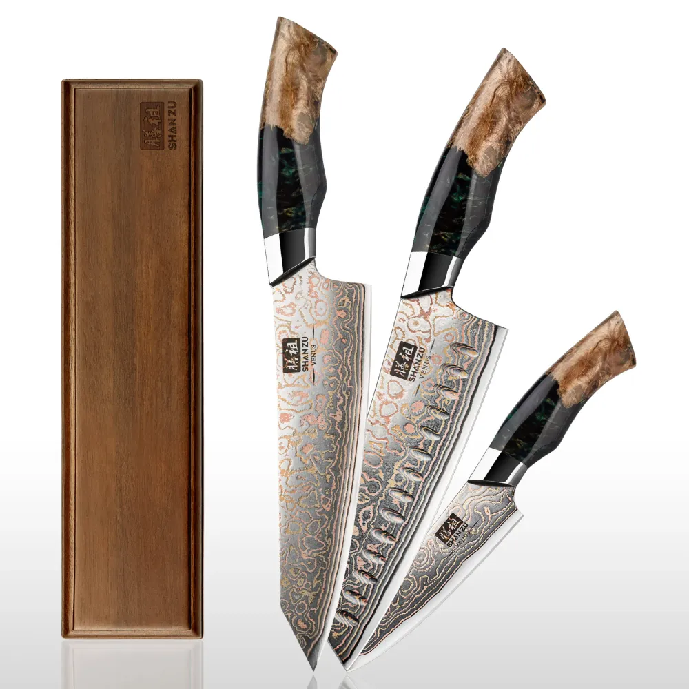 SHAN ZU Serie Venus – Set 3 pezzi Rame-Damasco + Barra magnetica legno