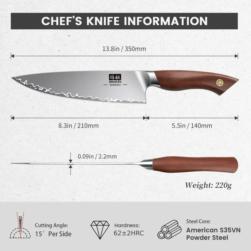 Posate da Tavola Série SeaGull | Coltello da Chef 8" S35VN + Porta-coltelli magnetico