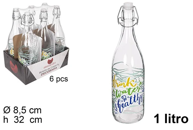 BOTTIGLIA D''ACQUA VETRO DECORATO CON TAPPO MECCANNICO 1 L.