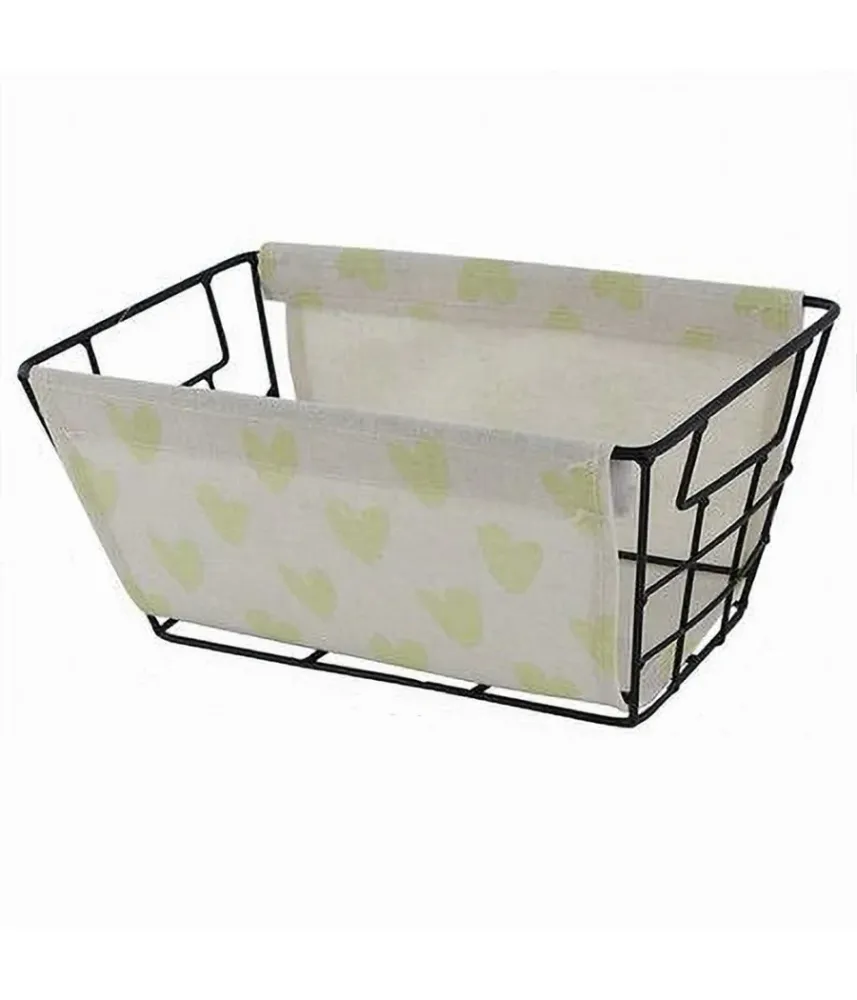 Cesto Portaoggetti Ferro Tessuto Stampa Cuori Galli Manici 25x15x12cm 10614