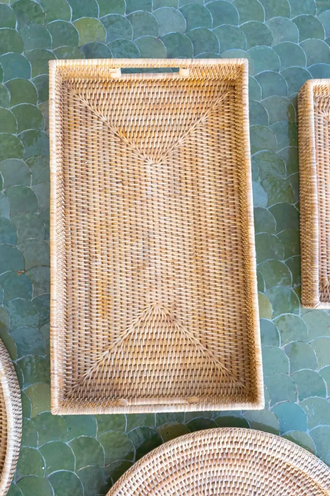 Grande vassoio rettangolare rattan con manici
