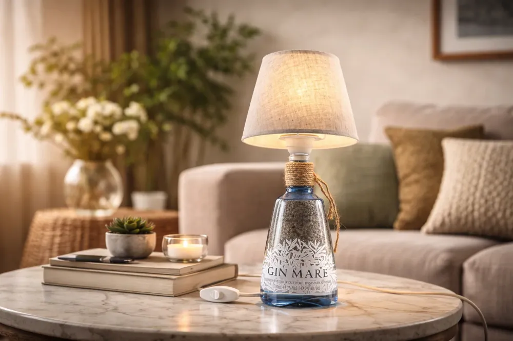 Lampada Gin Mare Classic con Sabbia - Bottiglia Upcycled (incisione personalizzata)