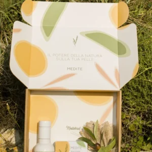 Scatola MEDITE contenente bottiglia vetro Olio Evo mini-size e sapone solido