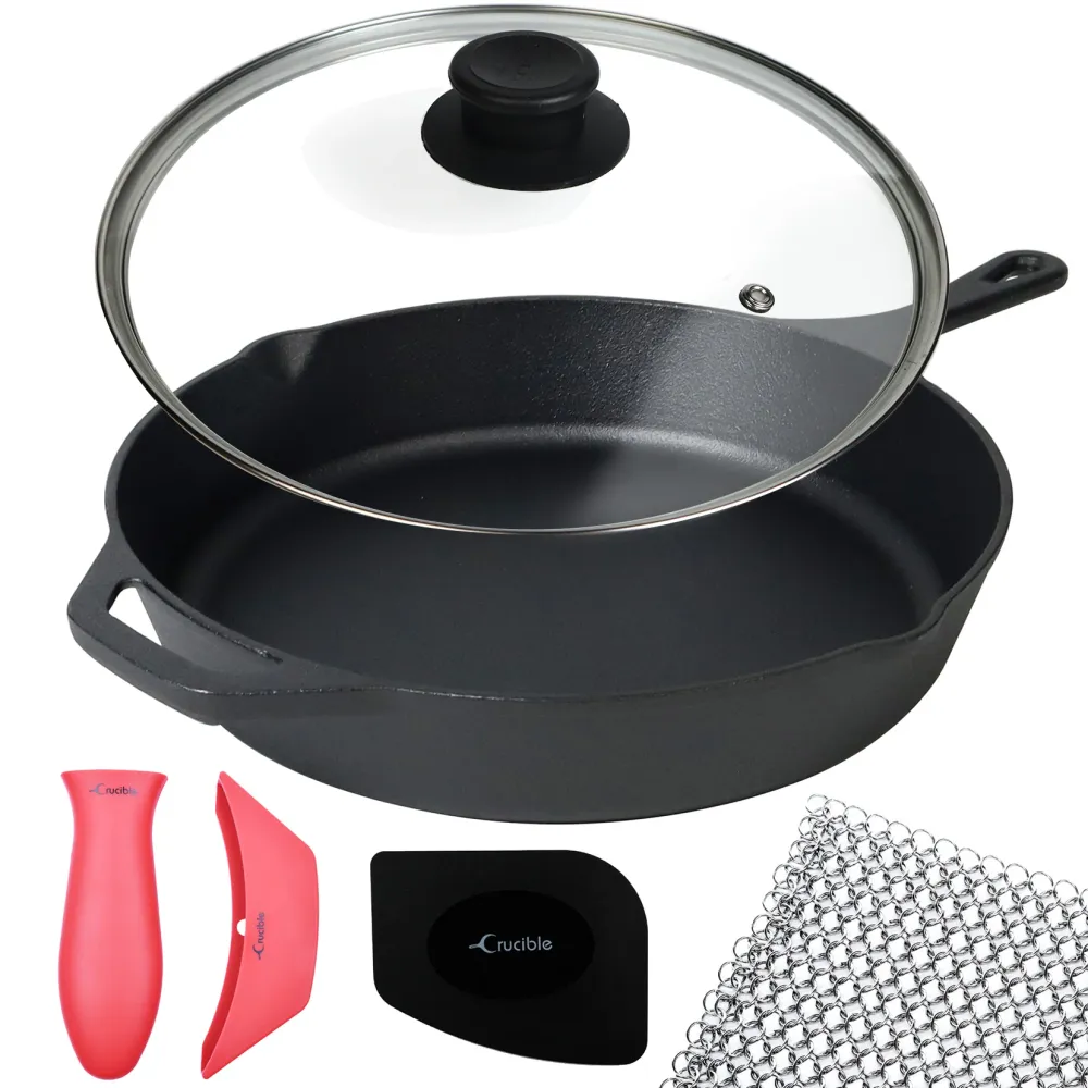 Set di padelle ghisa da 12 pollici (30,5 cm), manici silicone, coperchio vetro, detergente per ghisa, raschietto