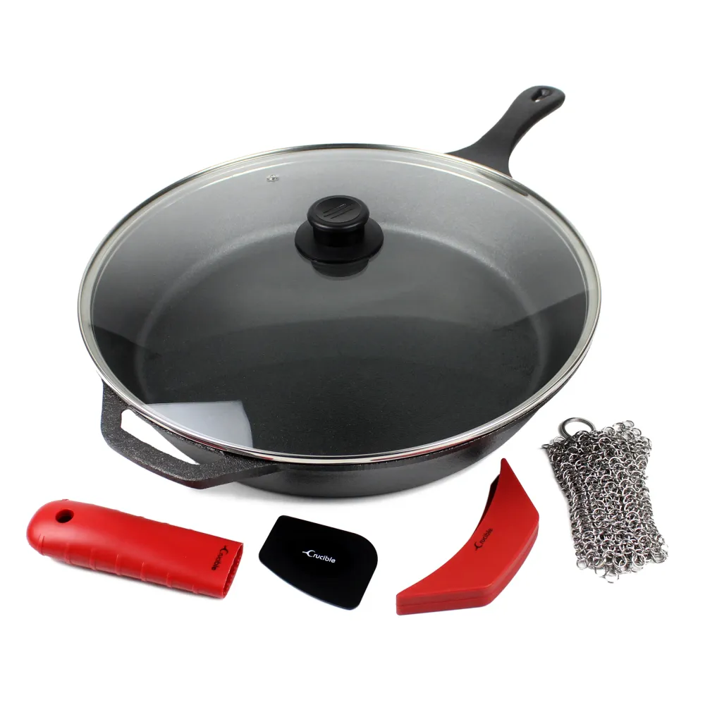 Set di padelle ghisa da 15 pollici (38 cm), manici silicone, coperchio vetro, detergente per ghisa, raschietto