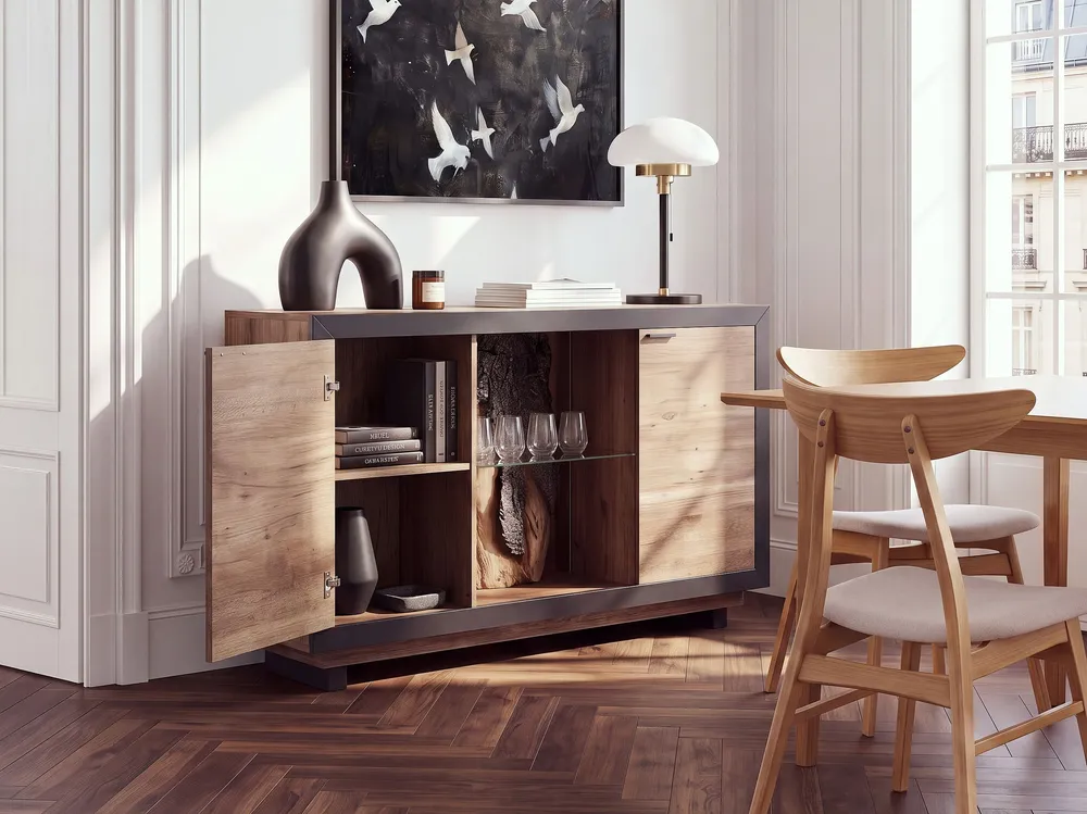 Carrello Portavivande 2 Door Sideboard LED Light Wood and Nero notte MARANA