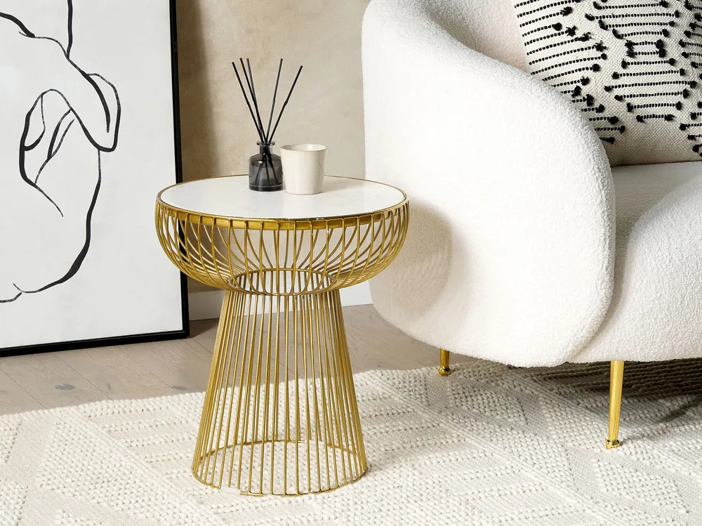 Credenza Vetrina Wire Frame Side Table White Marble Gold CHEYNES