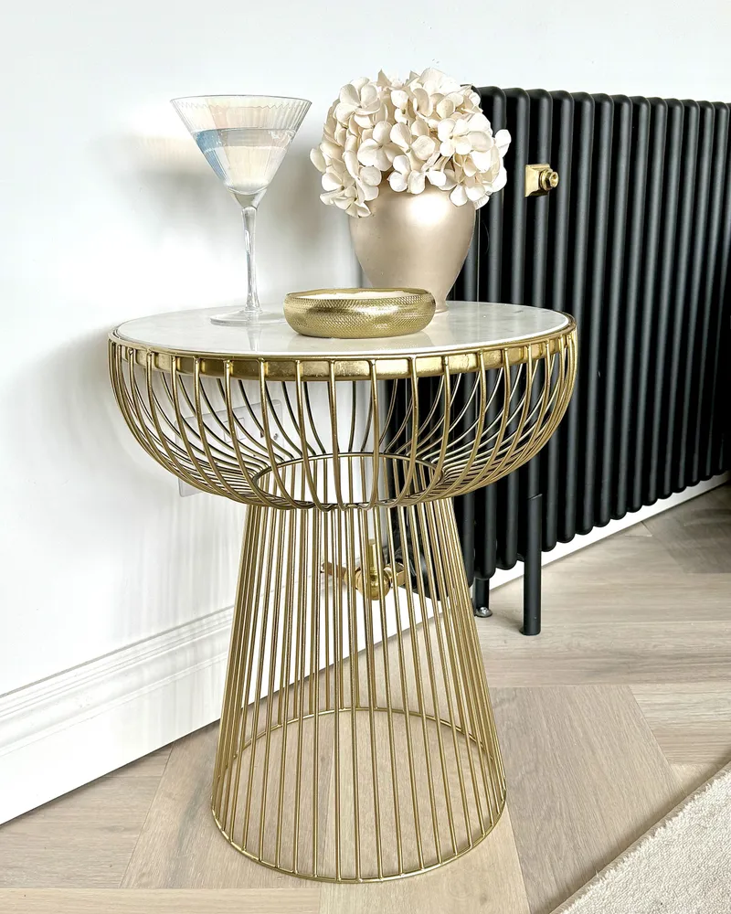 Credenza Vetrina Wire Frame Side Table White Marble Gold CHEYNES
