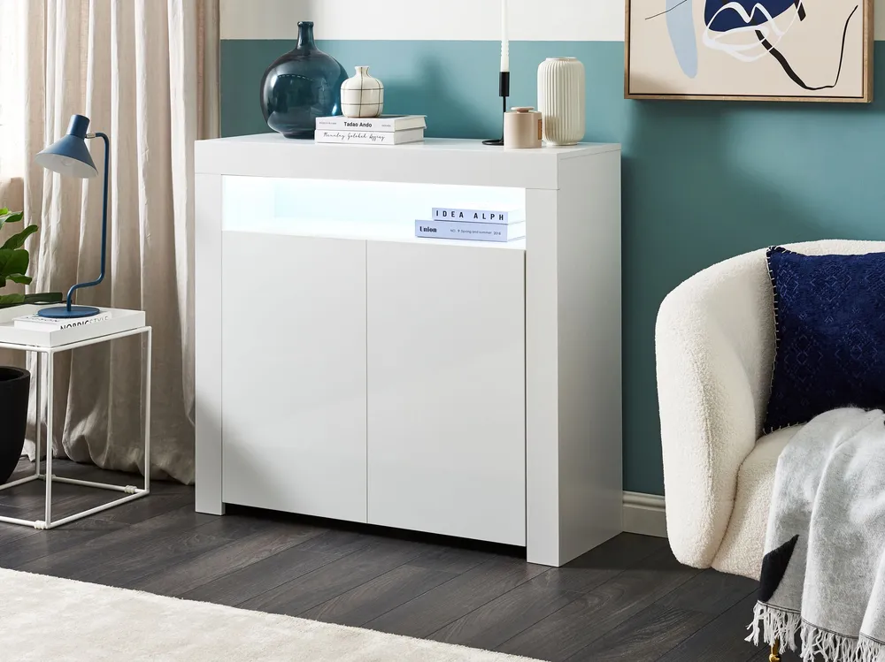 2 Door Sideboard LED White COVINA Set Completo 12 Pezzi